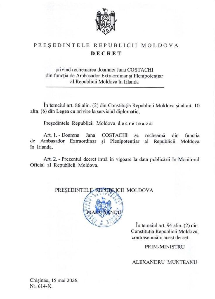 Майя Санду подписала указ об отзыве Яны Костаки с должности посла Молдовы в Ирландии