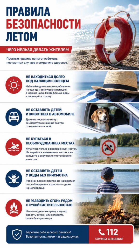 Лето — время отдыха, поездок и прогулок, но высокая температура, открытые водоёмы и сухая растительность требуют особой осторожности